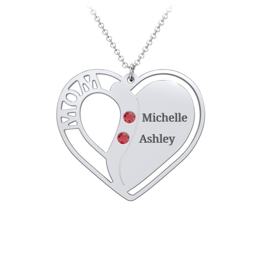 "Mom" Heart Necklace with Row of Birthstones – Sterling Silver with Garnet