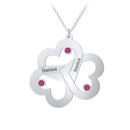 Engravable Three Heart Birthstone Necklace in 925 Sterling Silver with Ruby