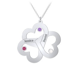 Engravable Three Heart Birthstone Necklace in 925 Sterling Silver with Amethyst, Cubic Zirconia, and Ruby