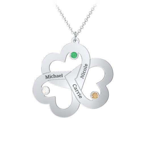 Engravable Three Heart Birthstone Necklace – Sterling Silver with Emerald, Citrine, and Cubic Zirconia