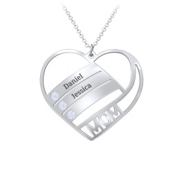 Engravable "Mom" Heart 2-5 Birthstone Necklace in 925 Sterling Silver with Aquamarine, Blue Topaz, and Pink Tourmaline