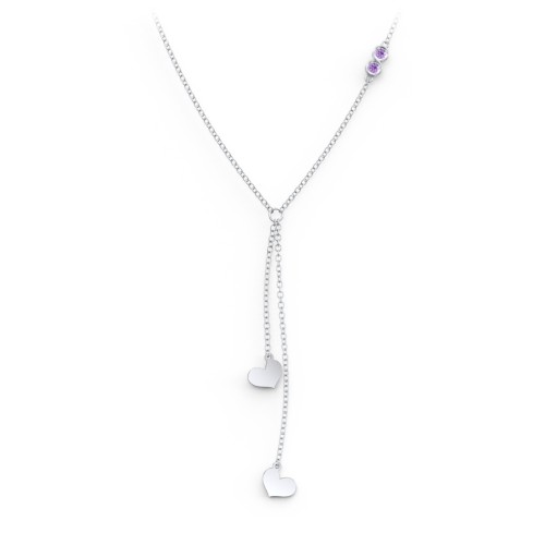 Lariat with Heart Charms and Gemstones – Sterling Silver with Amethyst