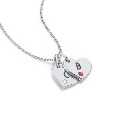 Engravable 2 Sideways Hearts Necklace with Birthstone – Sterling Silver with Peridot and Garnet
