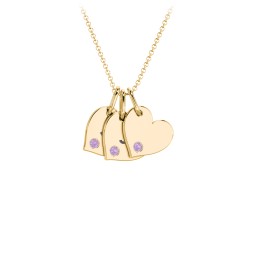 Engravable 3 Sideways Hearts Necklace with Birthstone in 18K Gold Plated Silver with Amethyst