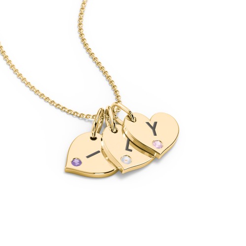Engravable 3 Sideways Hearts Necklace with Birthstone – 18K Gold Plated Silver with Amethyst, Opal, and Pink Tourmaline