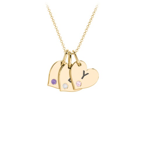 Engravable 3 Sideways Hearts Necklace with Birthstone – 18K Gold Plated Silver with Amethyst, Opal, and Pink Tourmaline