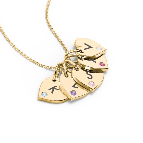 Engravable 5 Sideways Hearts Necklace with Birthstone – 18K Gold Plated Silver with Blue Topaz, Amethyst, Pink Tourmaline, Ruby, and Opal