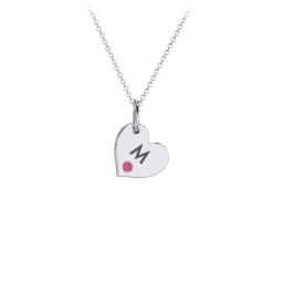 Engravable Sideways Heart Necklace with Birthstone in 925 Sterling Silver with Red Premium Zirconia