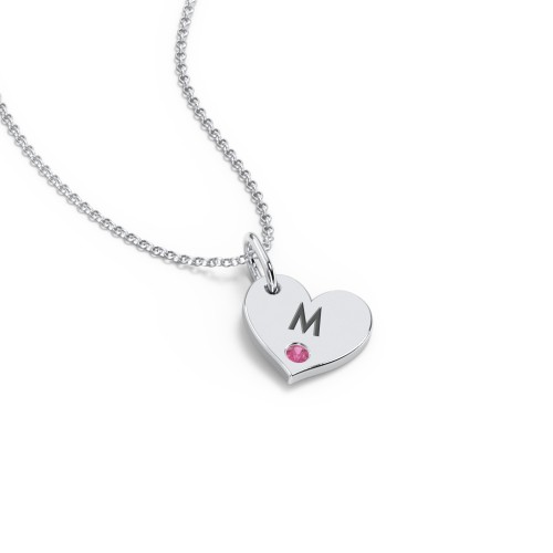 Engravable Sideways Heart Necklace with Birthstone – Sterling Silver with Ruby