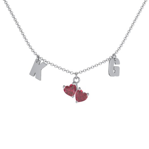 Initials Necklace with Double Heart Gemstones