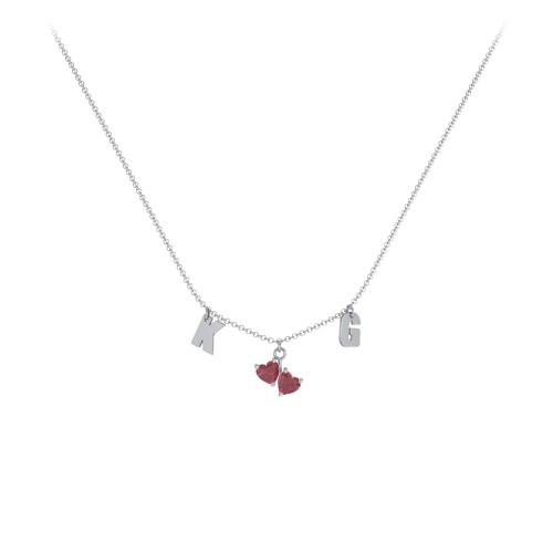 Initials Necklace with Double Heart Gemstones