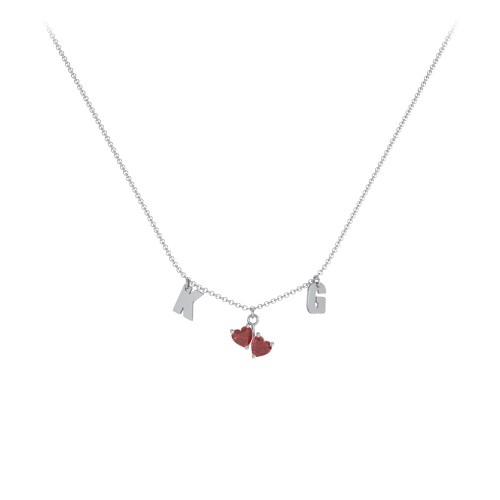 Initials Necklace with Double Heart Gemstones