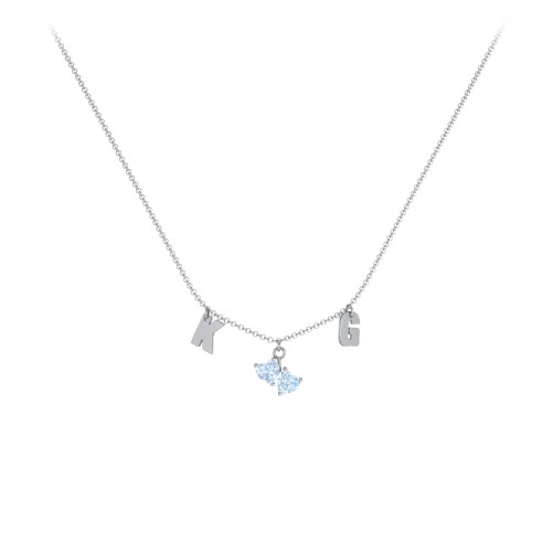 Initials Necklace with Double Heart Gemstones – Sterling Silver with Aquamarine