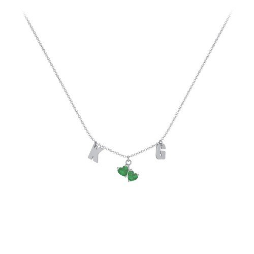 Initials Necklace with Double Heart Gemstones – Sterling Silver with Emerald