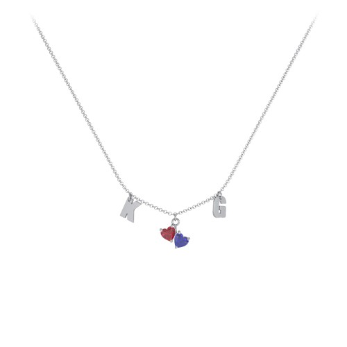 Initials Necklace with Double Heart Gemstones – Sterling Silver with Ruby and Blue Sapphire