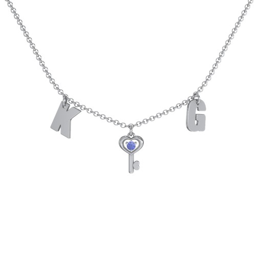 Initials Necklace with Gemstone Key Charm – Sterling Silver with Blue Sapphire