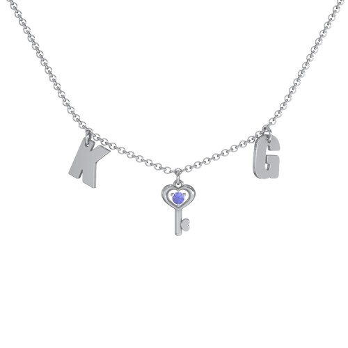 Initials Necklace with Gemstone Key Charm – Sterling Silver with Blue Sapphire