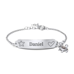 Engraved Heart and Star Baby Bracelet with Birthstone Turtle Charm in 925 Sterling Silver with Smokey Quartz