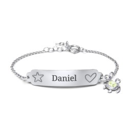 Engraved Heart and Star Baby Bracelet with Birthstone Turtle Charm in 925 Sterling Silver with Peridot
