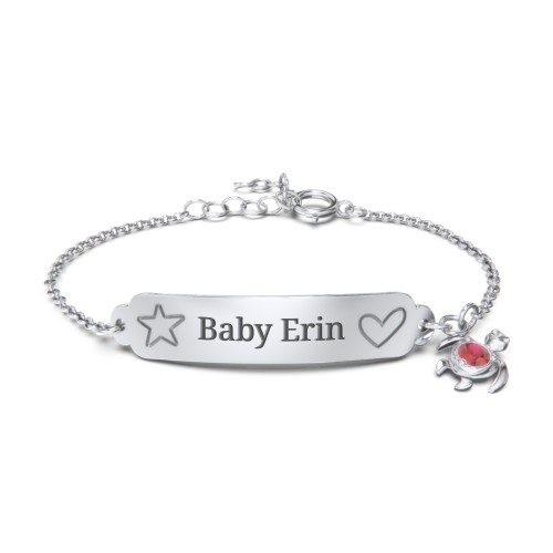Engraved Heart and Star Baby Bracelet with Birthstone Turtle Charm – Sterling Silver with Garnet