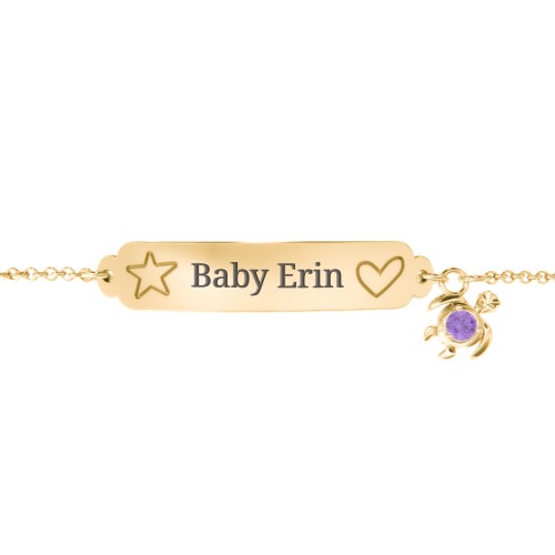 Engraved Heart and Star Baby Bracelet with Birthstone Turtle Charm – 10K Yellow Gold with Amethyst
