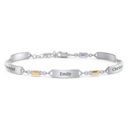 Engravable Family Bracelet with Baguette Birthstones (1-5 Stones) in 925 Sterling Silver with Ruby, Citrine, Emerald, and Blue Sapphire