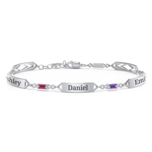 Engravable Family Bracelet with Baguette Birthstones (1-5 Stones) – Sterling Silver with Ruby, Amethyst, and Pink Tourmaline