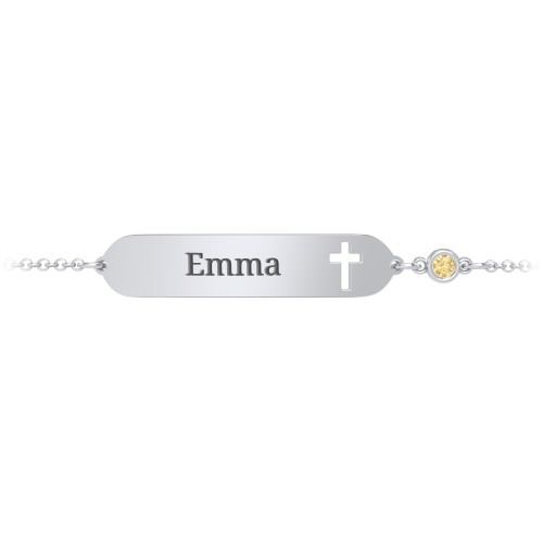 Engravable Small ID Bracelet with Cross and Birthstone – Sterling Silver with Citrine