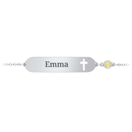 Engravable Small ID Bracelet with Cross and Birthstone