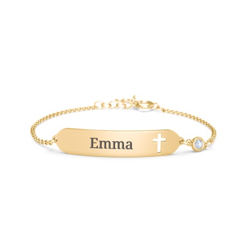 Engravable Small ID Bracelet with Cross and Birthstone – 10K Yellow Gold with Aquamarine