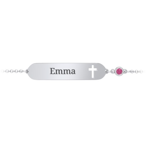 Engravable Small ID Bracelet with Cross and Birthstone – Sterling Silver with Ruby