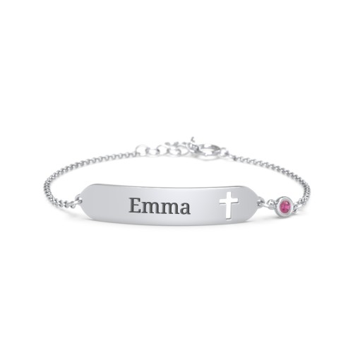 Engravable Small ID Bracelet with Cross and Birthstone – Sterling Silver with Ruby