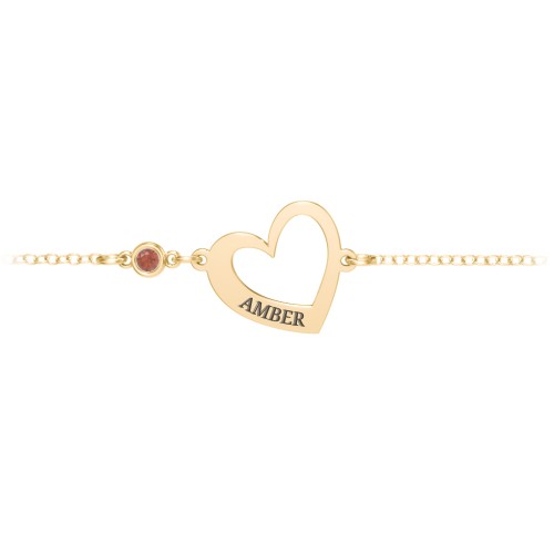 Engravable Open Heart Bracelet with Birthstone – 18K Gold Plated Silver with Garnet