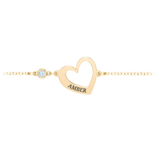 Engravable Open Heart Bracelet with Birthstone – 18K Gold Plated Silver with Blue Topaz