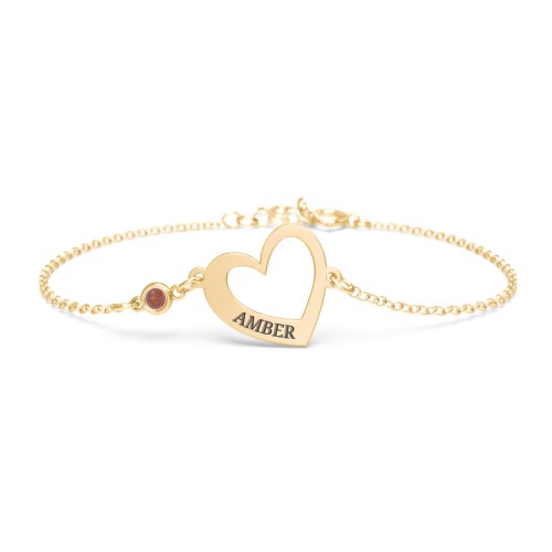 Engravable Open Heart Bracelet with Birthstone – 18K Gold Plated Silver with Garnet