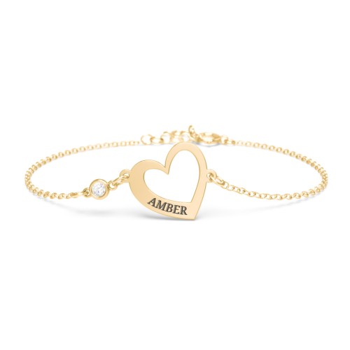 Engravable Open Heart Bracelet with Birthstone – 18K Gold Plated Silver with Diamond