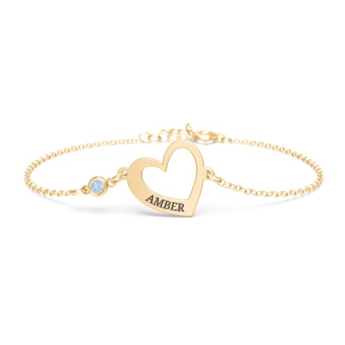 Engravable Open Heart Bracelet with Birthstone – 18K Gold Plated Silver with Blue Topaz