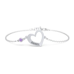 Engravable Open Heart Bracelet with Birthstone in 925 Sterling Silver with Amethyst