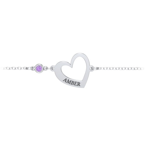 Engravable Open Heart Bracelet with Birthstone – Sterling Silver with Amethyst
