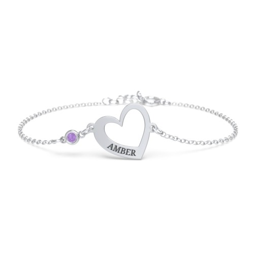 Engravable Open Heart Bracelet with Birthstone – Sterling Silver with Amethyst