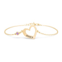 Engravable Open Heart Bracelet with Birthstone in 10K Solid Yellow Gold with Amethyst