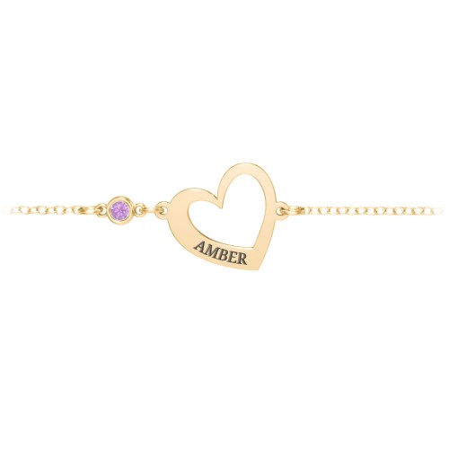 Engravable Open Heart Bracelet with Birthstone – 10K Yellow Gold with Amethyst