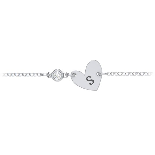 Initial Heart Bracelet with Birthstone – Sterling Silver with Diamond