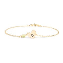 Initial Heart Bracelet with Birthstone in 18K Gold Plated Silver with Peridot