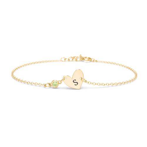 Initial Heart Bracelet with Birthstone – 18K Gold Plated Silver with Peridot