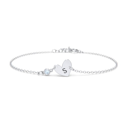 Initial Heart Bracelet with Birthstone – Sterling Silver with Blue Topaz