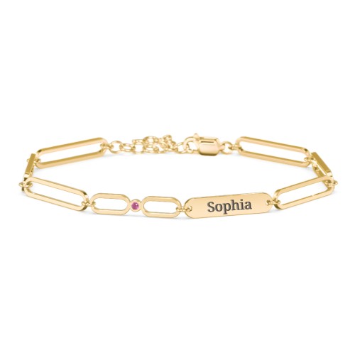 Engravable Long Link Infinity Family Bracelet with 1-4 Birthstones – 10K Yellow Gold with Ruby