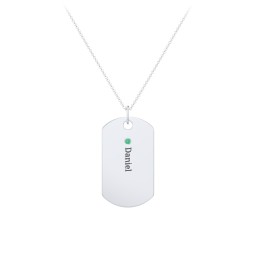 Engravable Dog Tag Necklace with 1 Birthstone in 925 Sterling Silver with Emerald