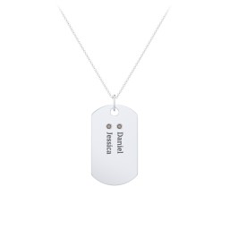 Engravable Dog Tag Necklace with 2 Birthstone in 925 Sterling Silver with Smokey Quartz