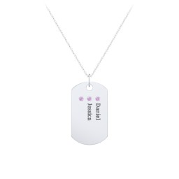 Engravable Dog Tag Necklace with 3 Birthstone in 925 Sterling Silver with Amethyst